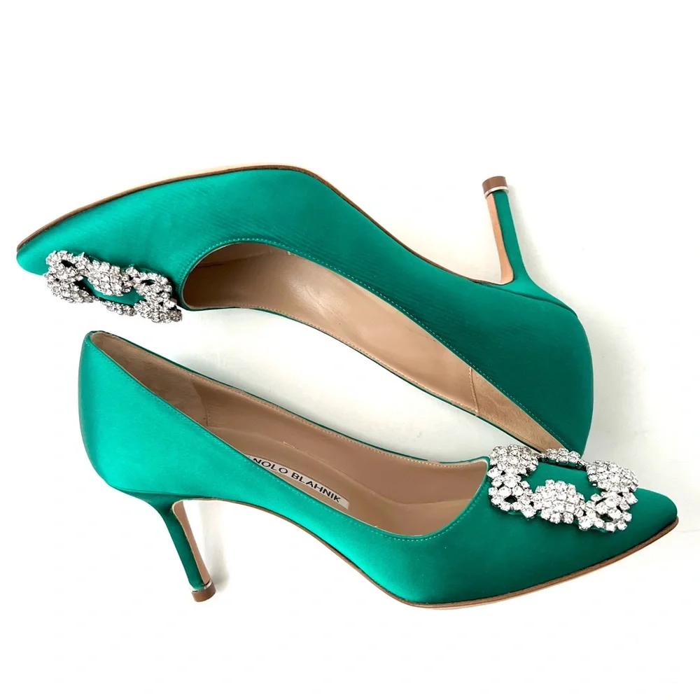 MANOLO BLAHNIK | Emerald Green Satin Jewel Buckle Crystal Pumps Heels US 6 EU 36 - Picture 6 of 15